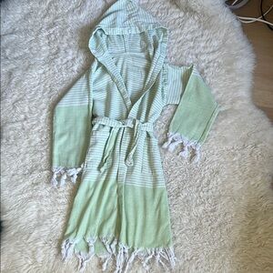 EUC - Kids Green Striped Hooded Swim - Bath Robe - Turkish Cotton 3-4T